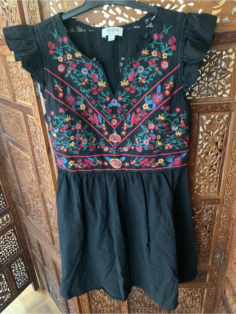 Umgee Black Embroidered V-Neck Mini Dress with Multicolor Floral Stitching